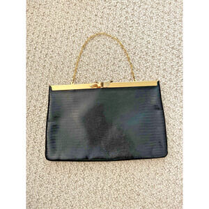 Vintage Etra 1990's Black Leather Clutch Brass Trim, Hidden Chain Strap